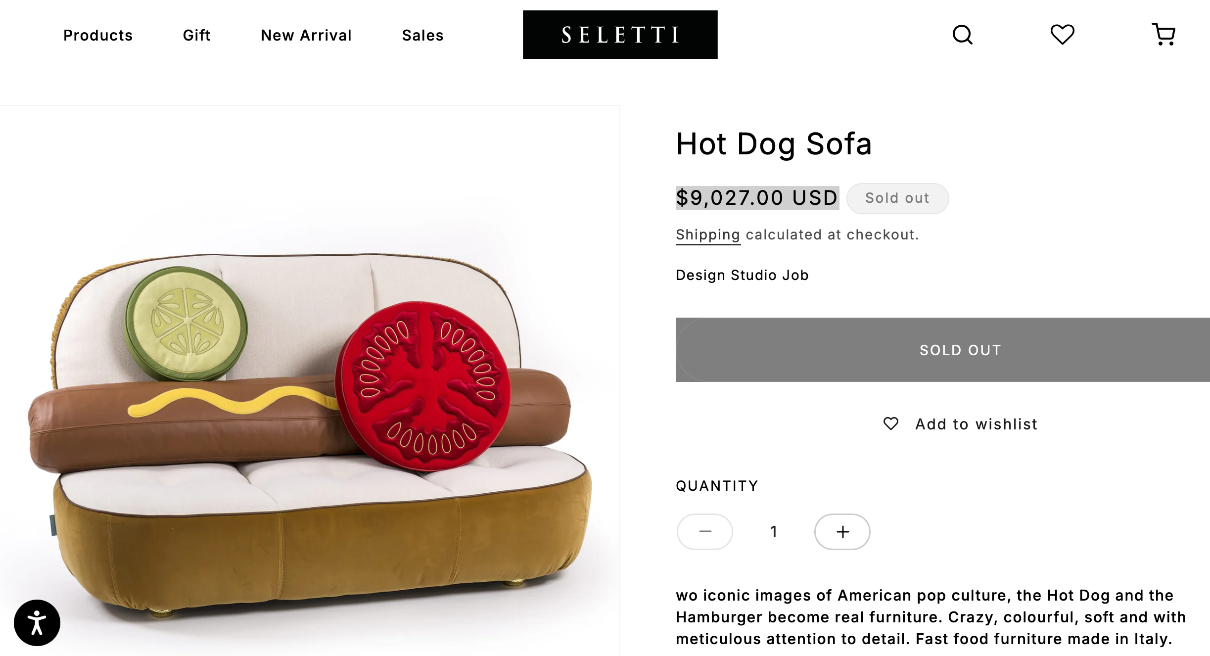 This year's Hot Dog Sofa Listing from Seletti, showing the price is currently $9027.00 for a sofa in the shape of a hot dog, where the seat and sofa back are the buns and the sausage is the back rest cushion, with removable vegetable cushions (sold separately). The listing indicates the sofa is sold out.